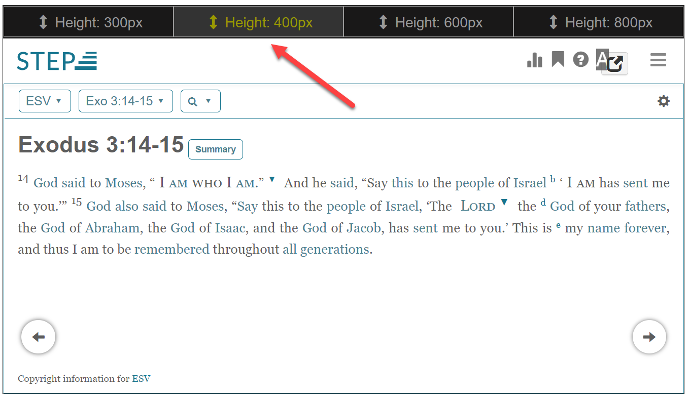 Above the embedded Bible app windows, you can select the height