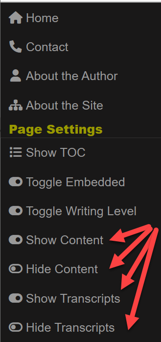 You can show or hide all the content sections or transcript sections on an aggregation page through the sidebar menu