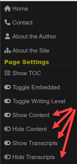 
You can show or hide all the content sections or transcript sections on an aggregation page through the sidebar menu
